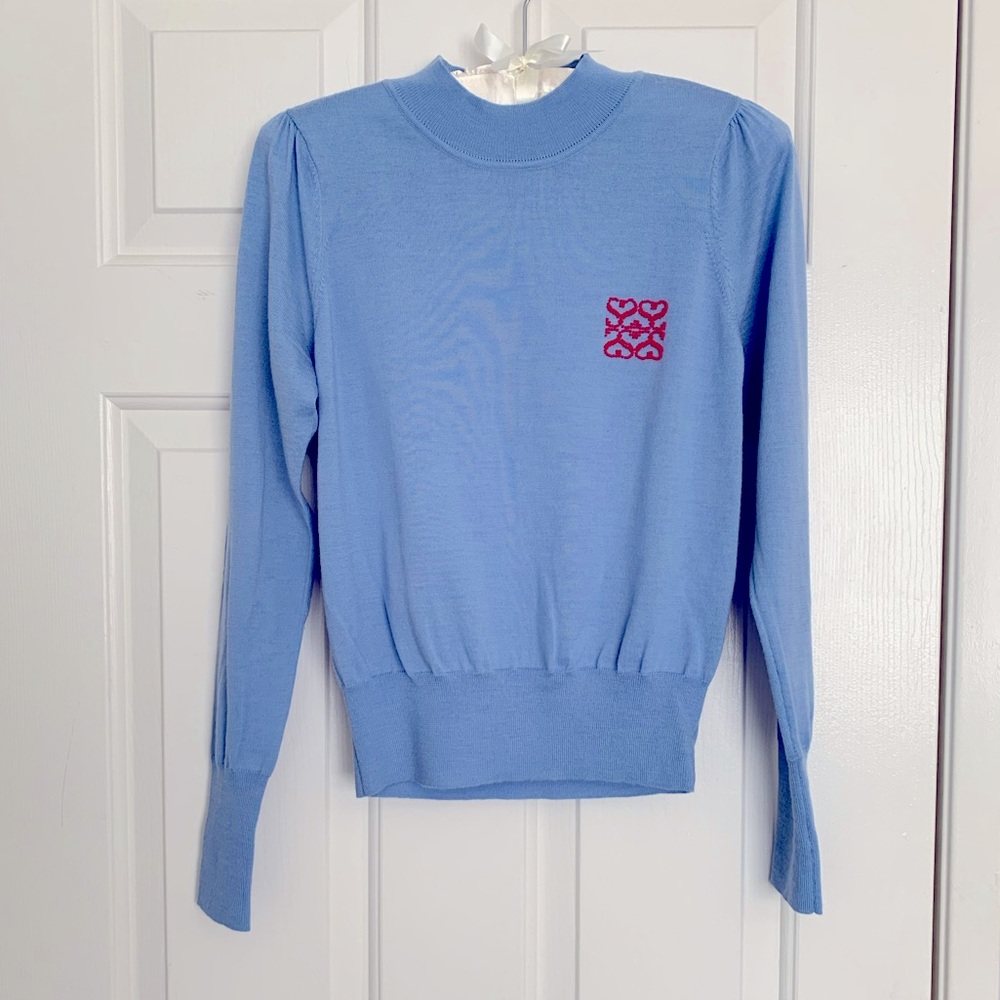 Sandro Blue Crew Neck Sweater with Red Beaded Logo